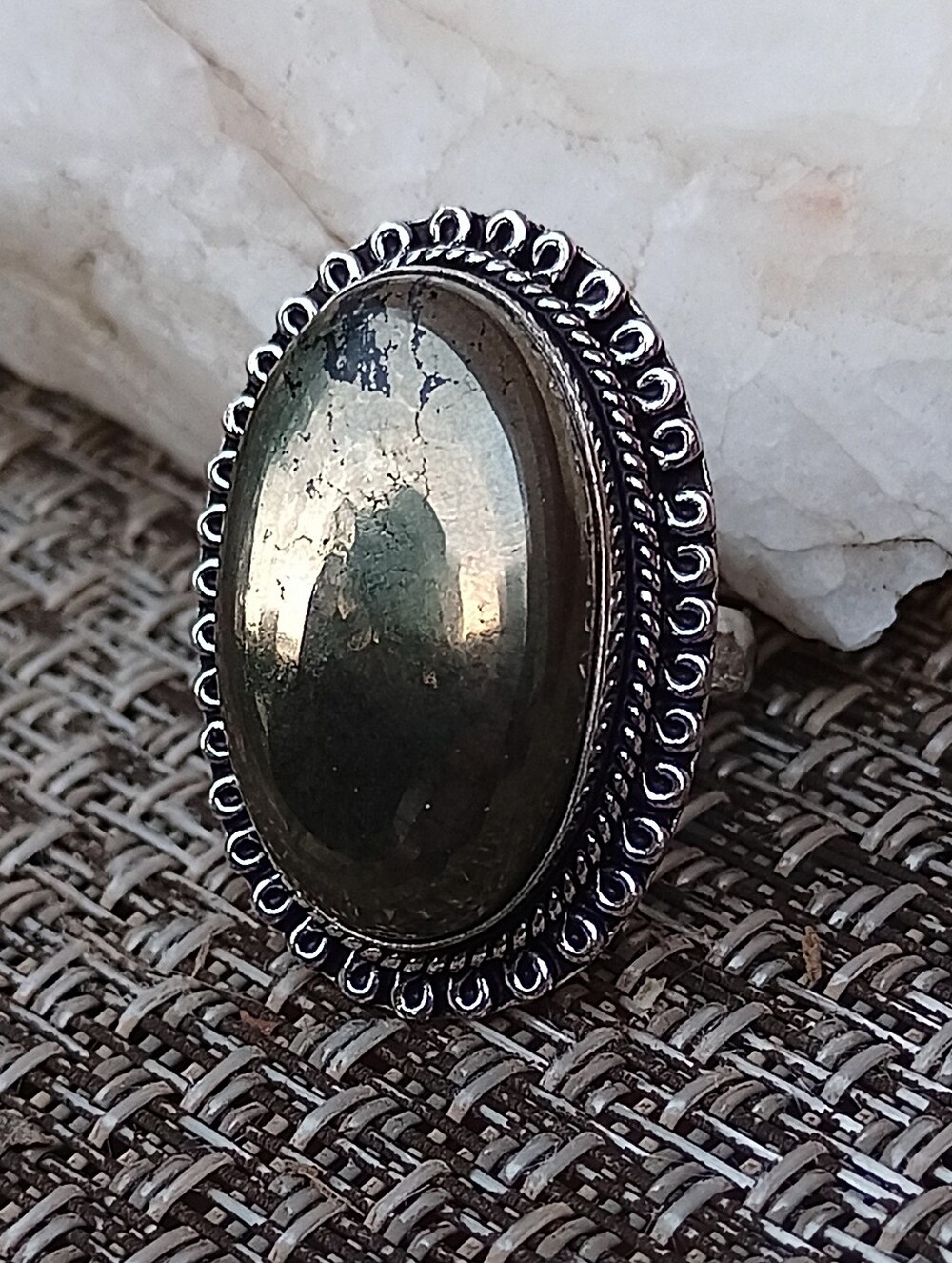 Natural Apache Pyrite BOHO Silver Ring Sz 7.5